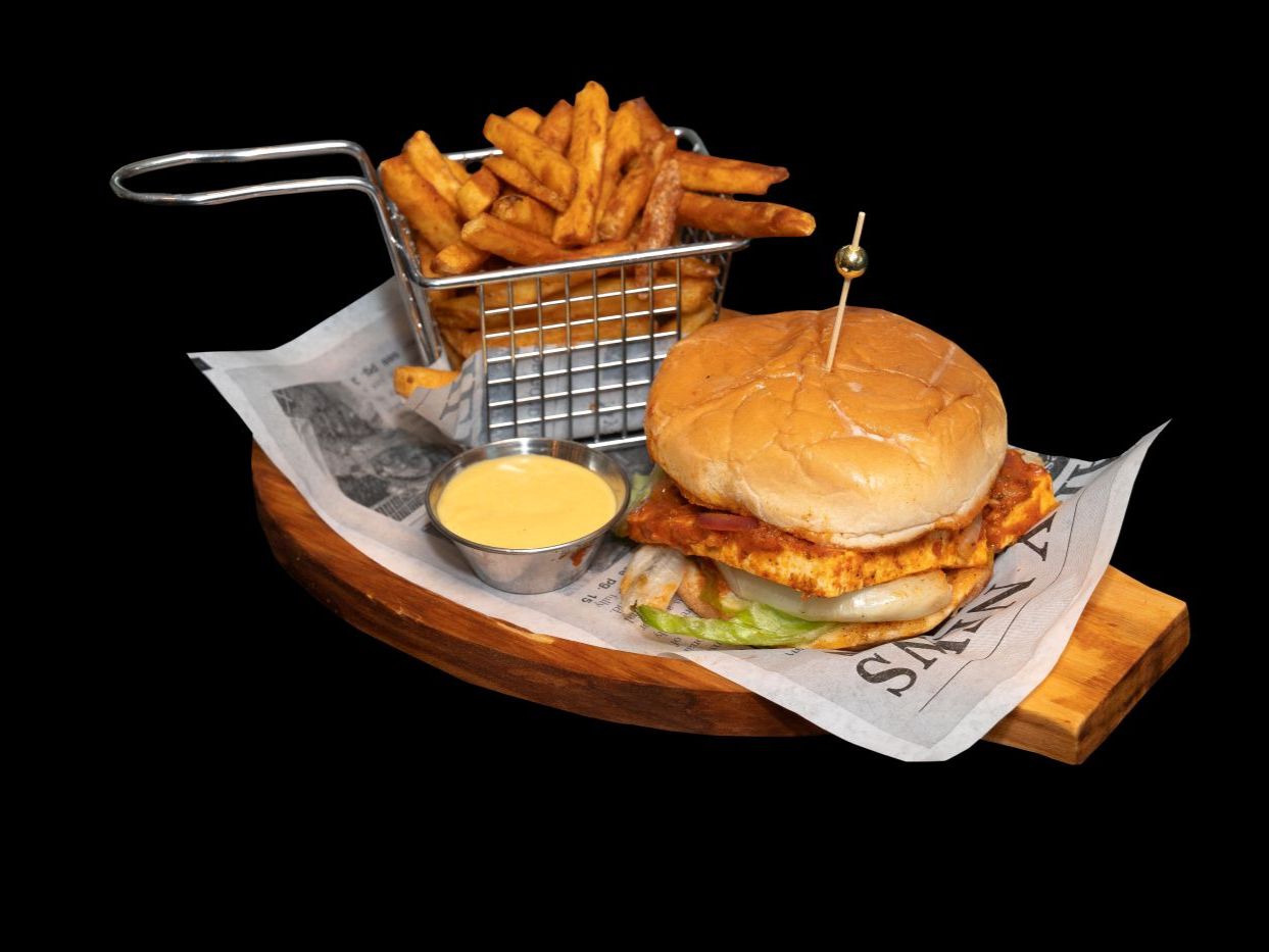 Lunch-Chicken Tikka Masala Burger With Fries.