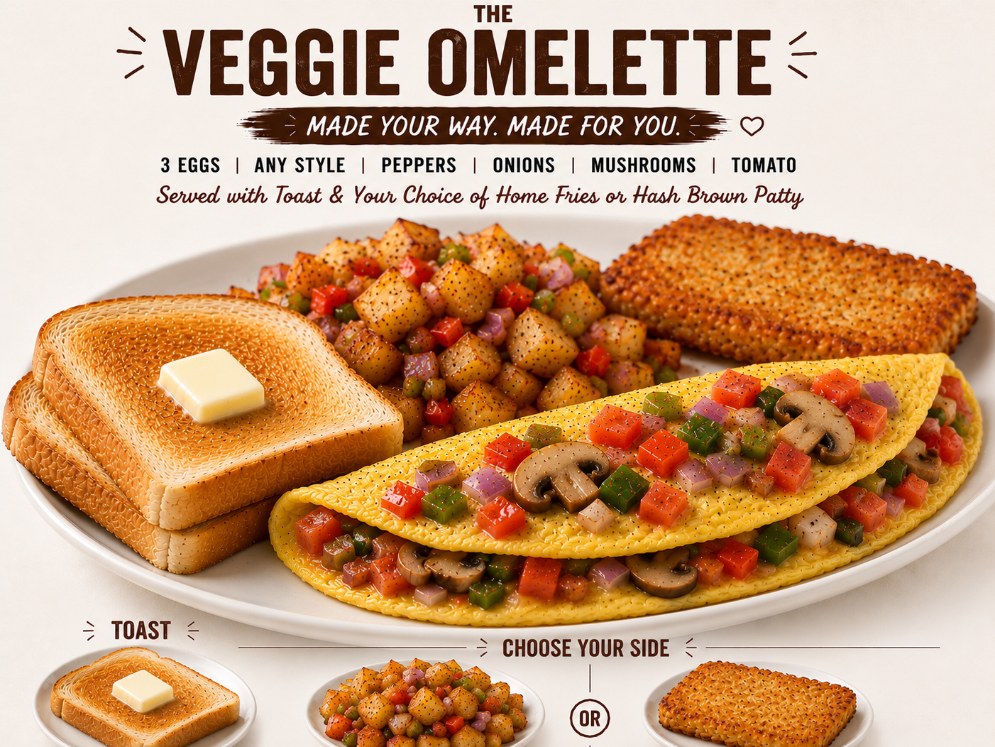 Veggie Omelet Pep Mush Onion Tomato.