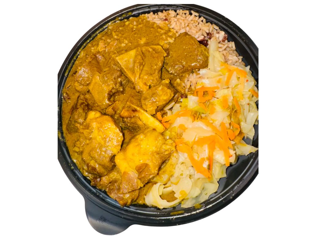 Curry Goat Dinner Rice & Beans, Cabbage