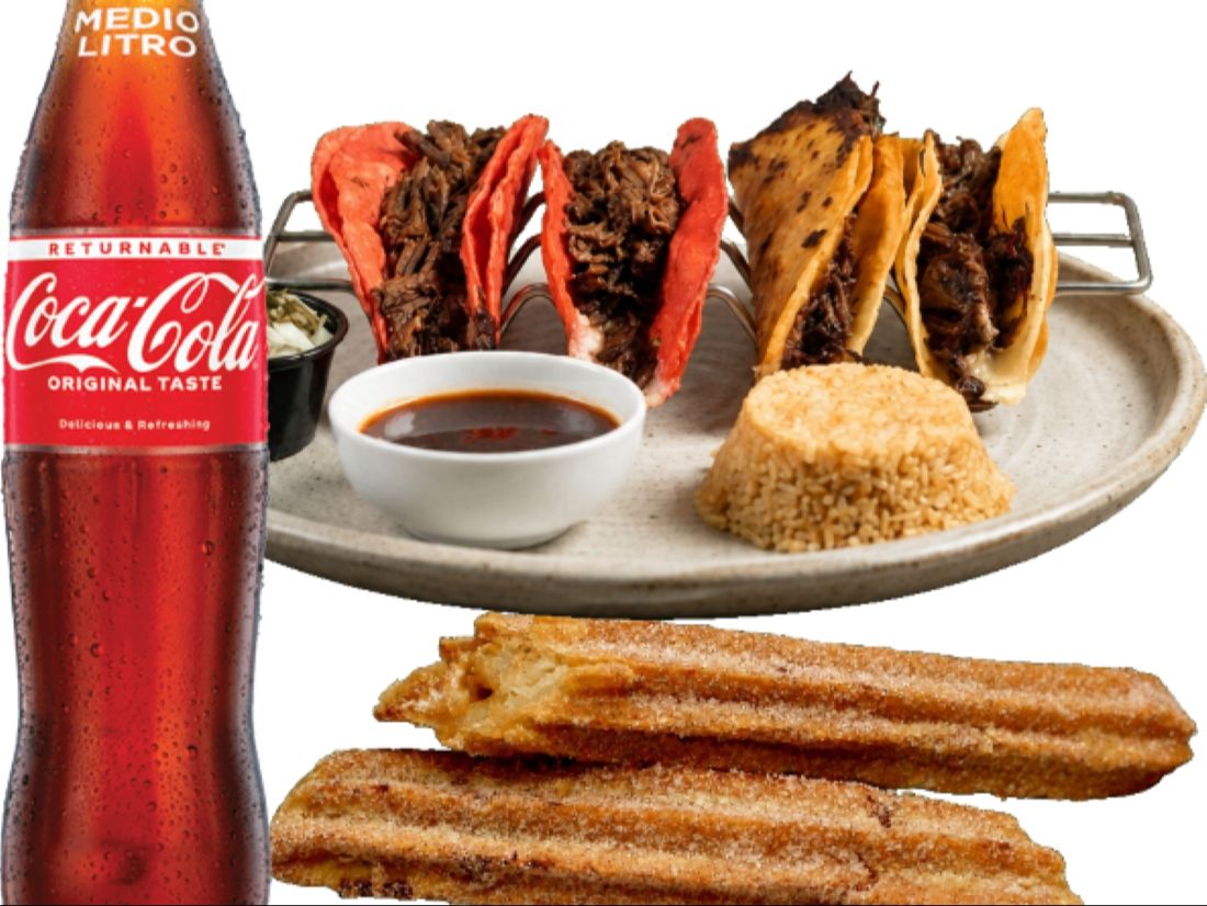 #9 Quesa Birria Tacos, Churro, Drink.