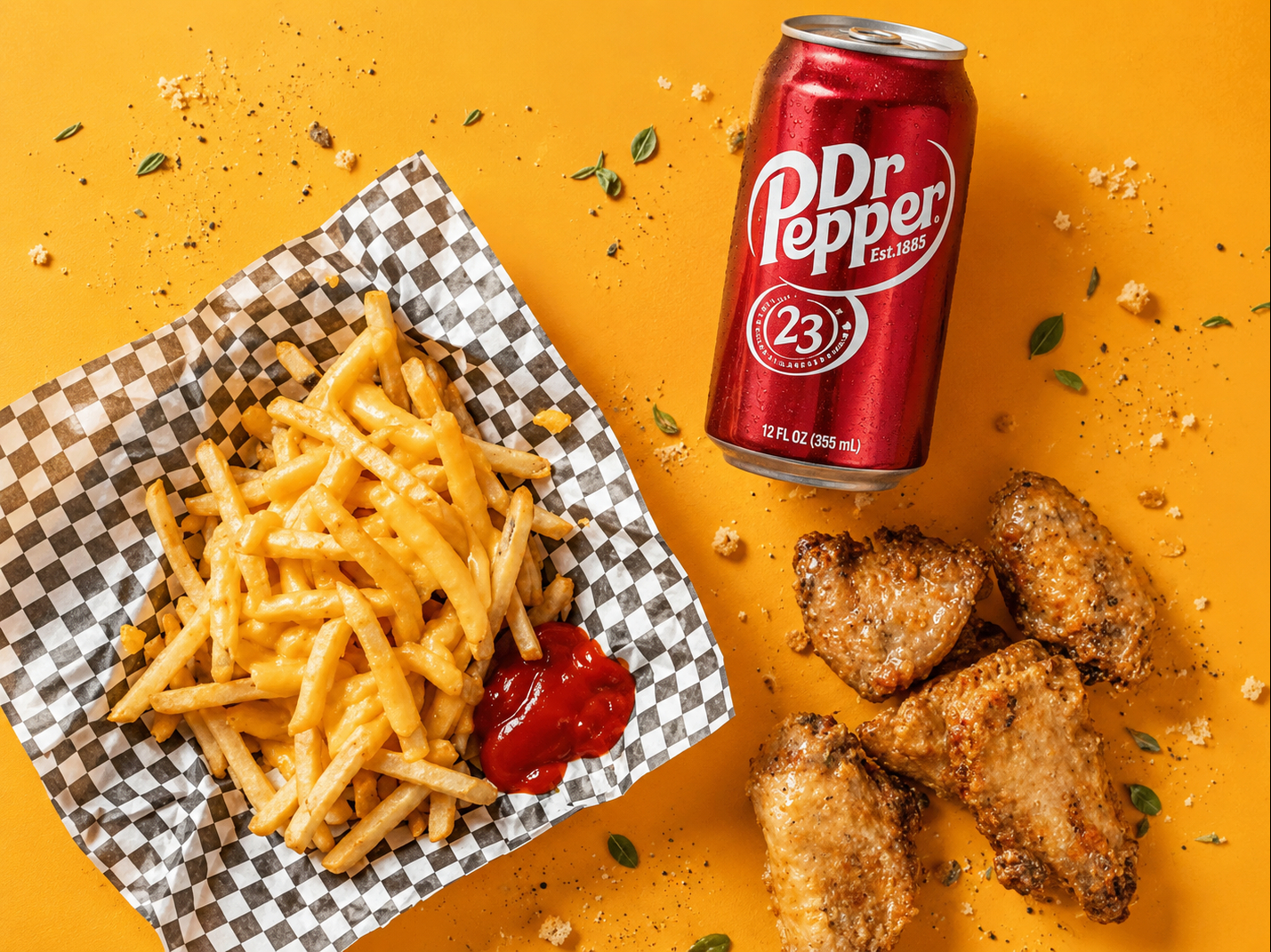 6 Wings, Regular Fries and Can Soda.
