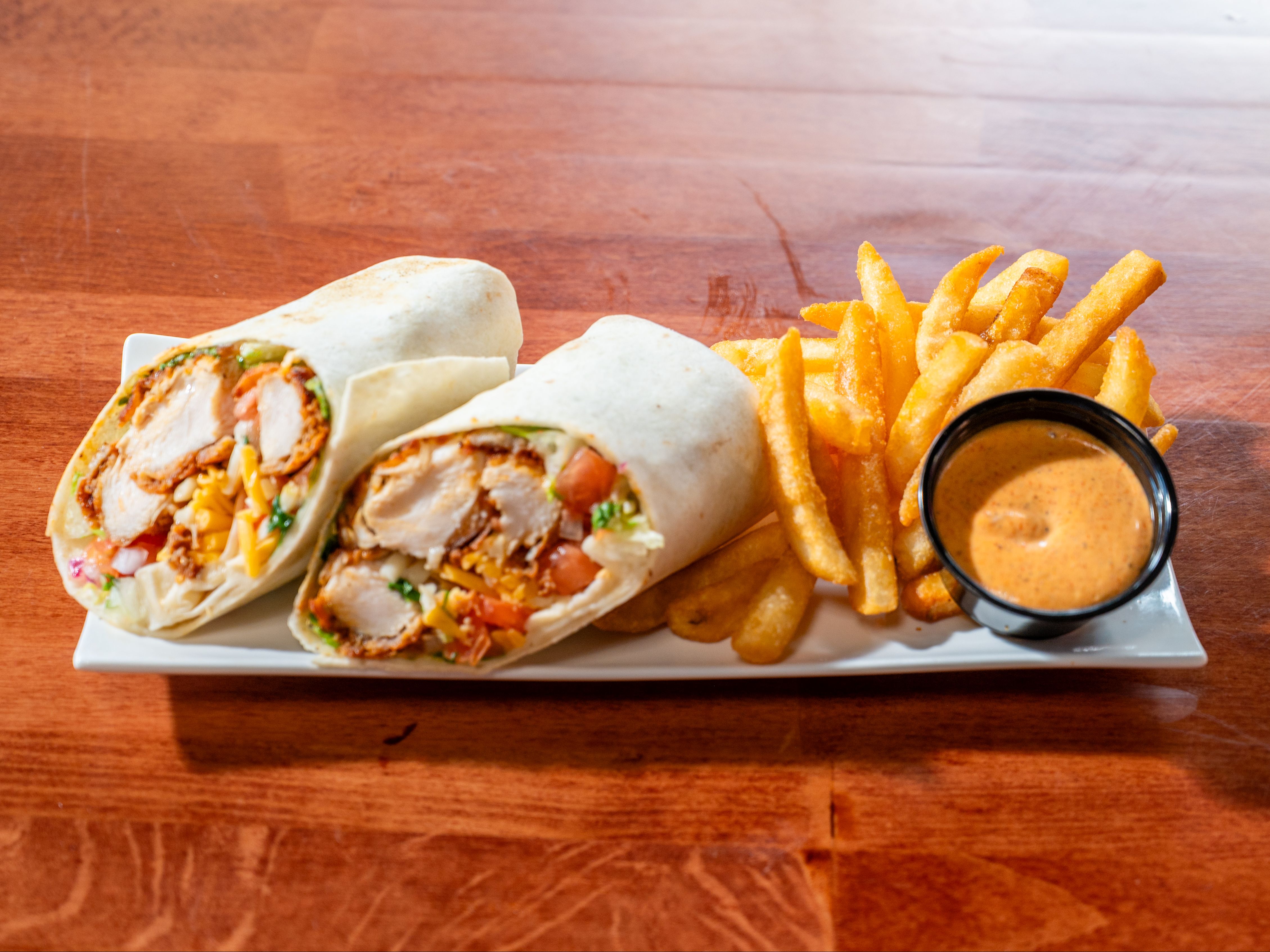 HOT Chicken Wraps (For 2), Seasoned Fries..