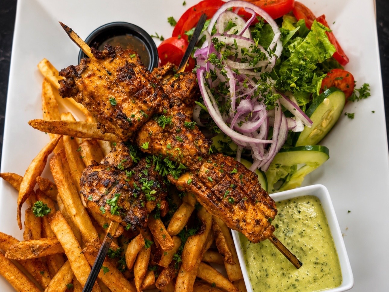 Charcoal chicken kabob plate.