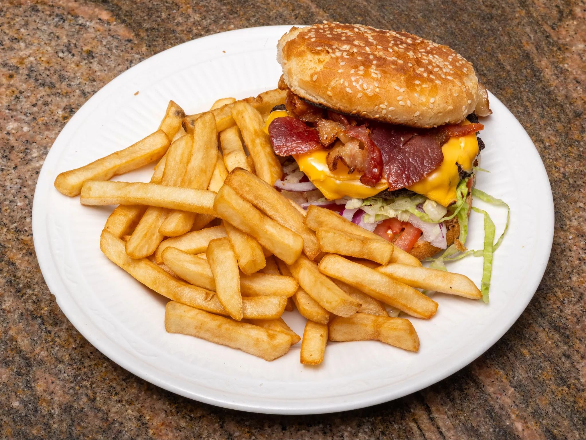 # 2 Crispy Bacon, American Cheese, Lettuce, Tomato & Onions.