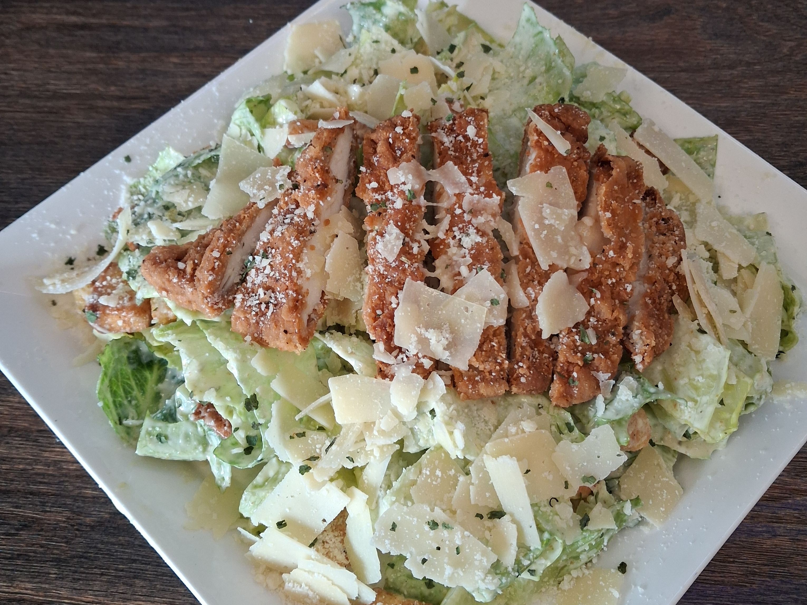 Caesar With Crispy Breaded Chicken Cutlet.