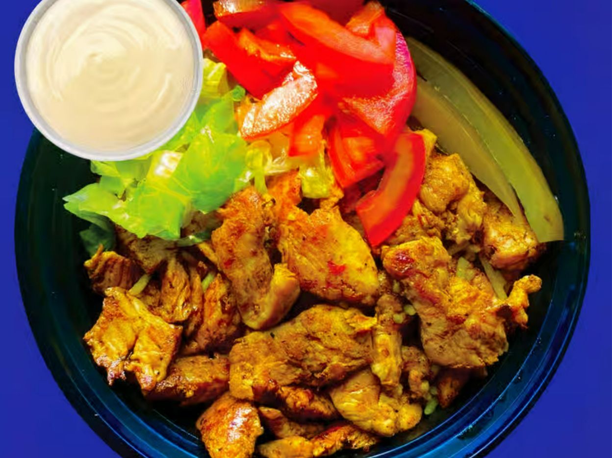 Chicken Shawarma Rice Bowl & Garlic.