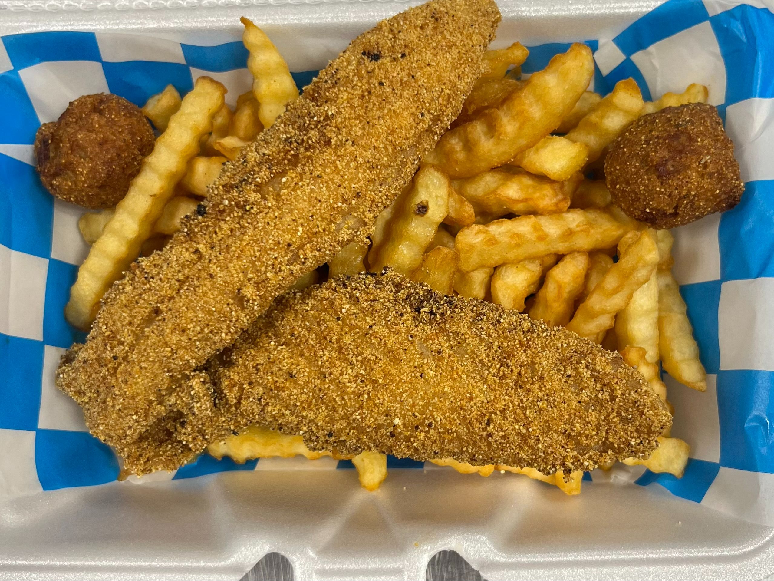 SEVEN FIVE DOLLAR HOLLA 2 PC SWAI, 2 HUSH PUPPIES & FRIES