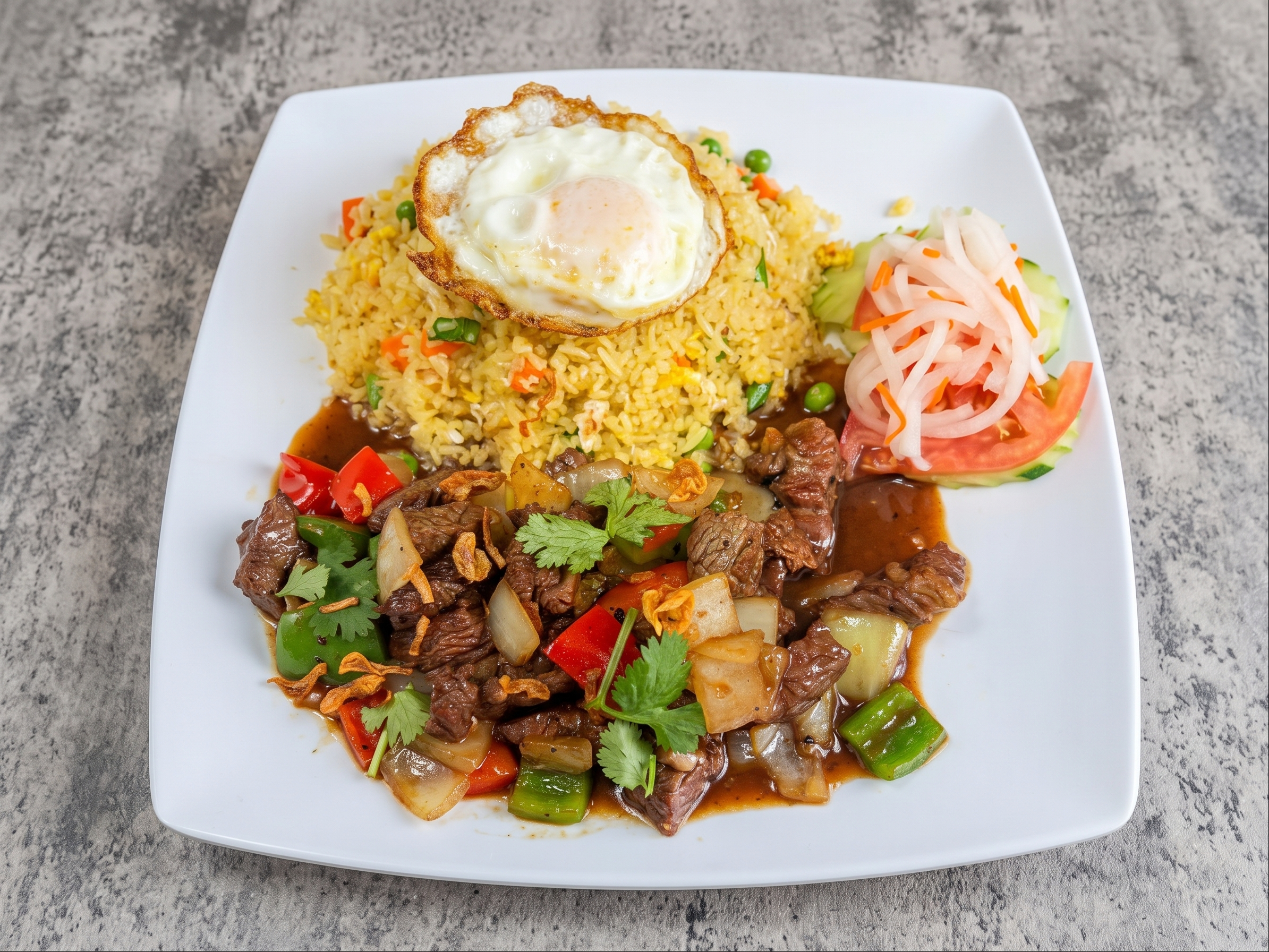 C5. Shaken Beef Ribeye Rice Plate.