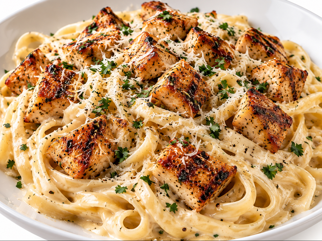 SAVORY GARLIC CHICKEN ALFREDO FETTUCCINE.