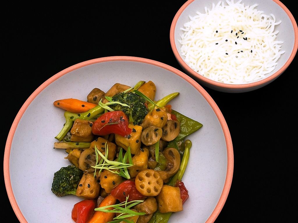 Spicy Sesame Tofu and Veggie Stir-Fry.