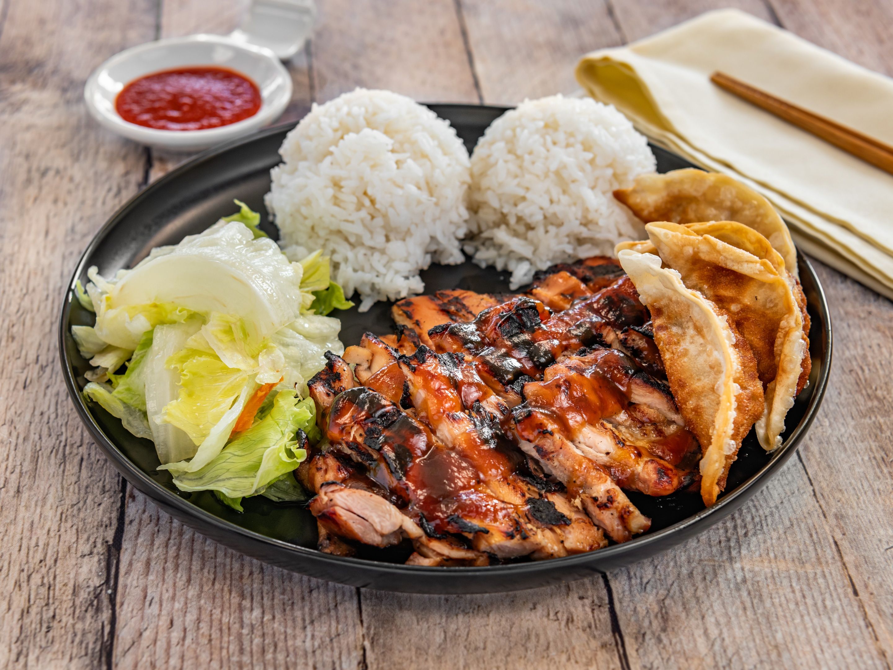 T7- Teriyaki Chicken & Pot Stickers (4)