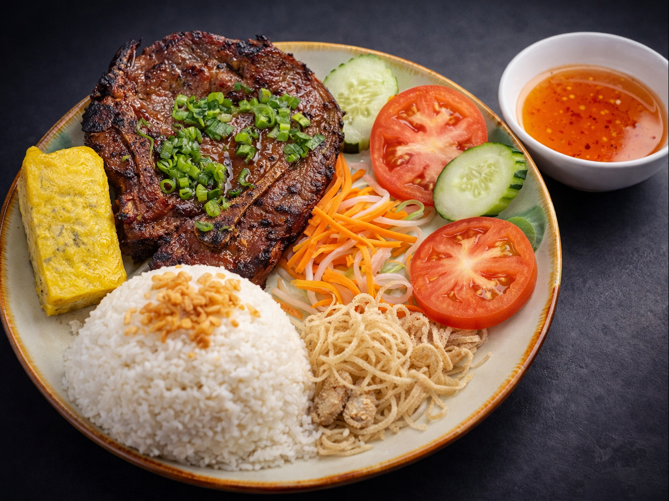 26 Broken Rice with Grilled Pork Chop, Shredded Pork & Egg Meatloaf.