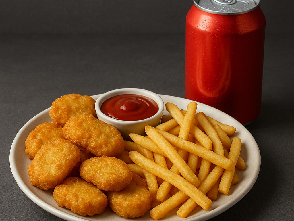 Chicken Nuggets 14 Pcs Combo W/fries 1 can Soda.
