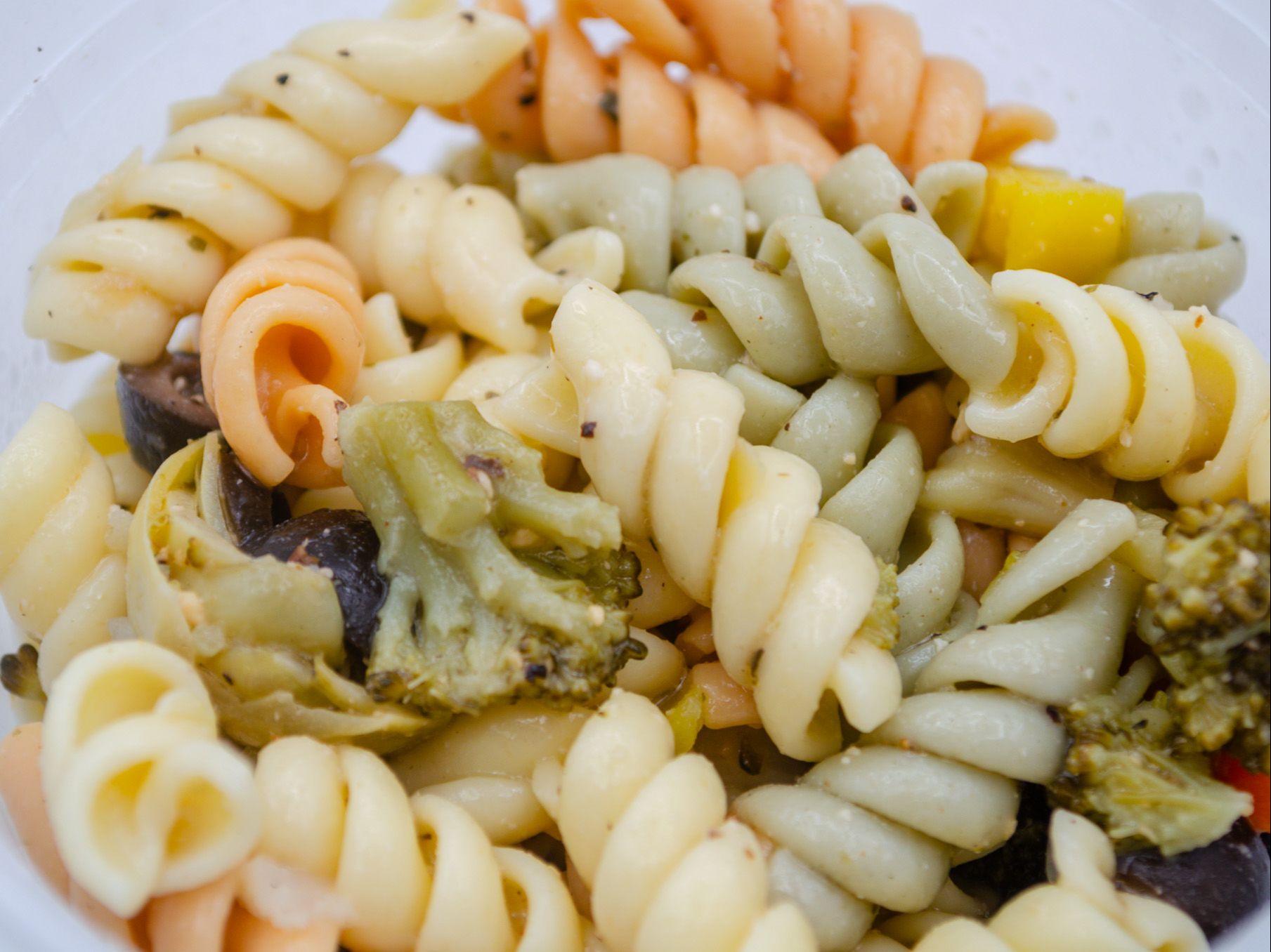 Pasta Salad from Yama's Fish Market — Rainbow Rottini with Vegetables Tossed In Italian Dressing With Parmesian