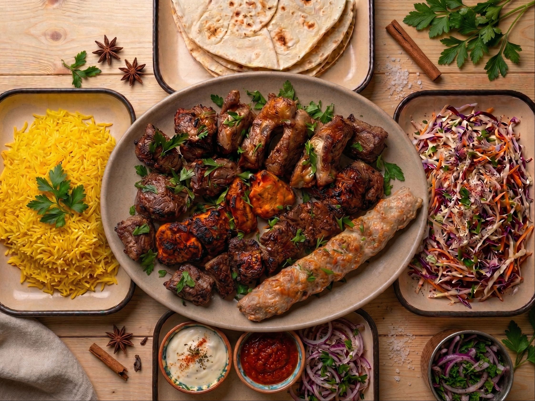 (4) Family Plate 5-6 people (3 Lula Koobideh Chicken, Lamb, Beef. 2 Chicken Thighs Kebab. 2 Lamb Kebab).