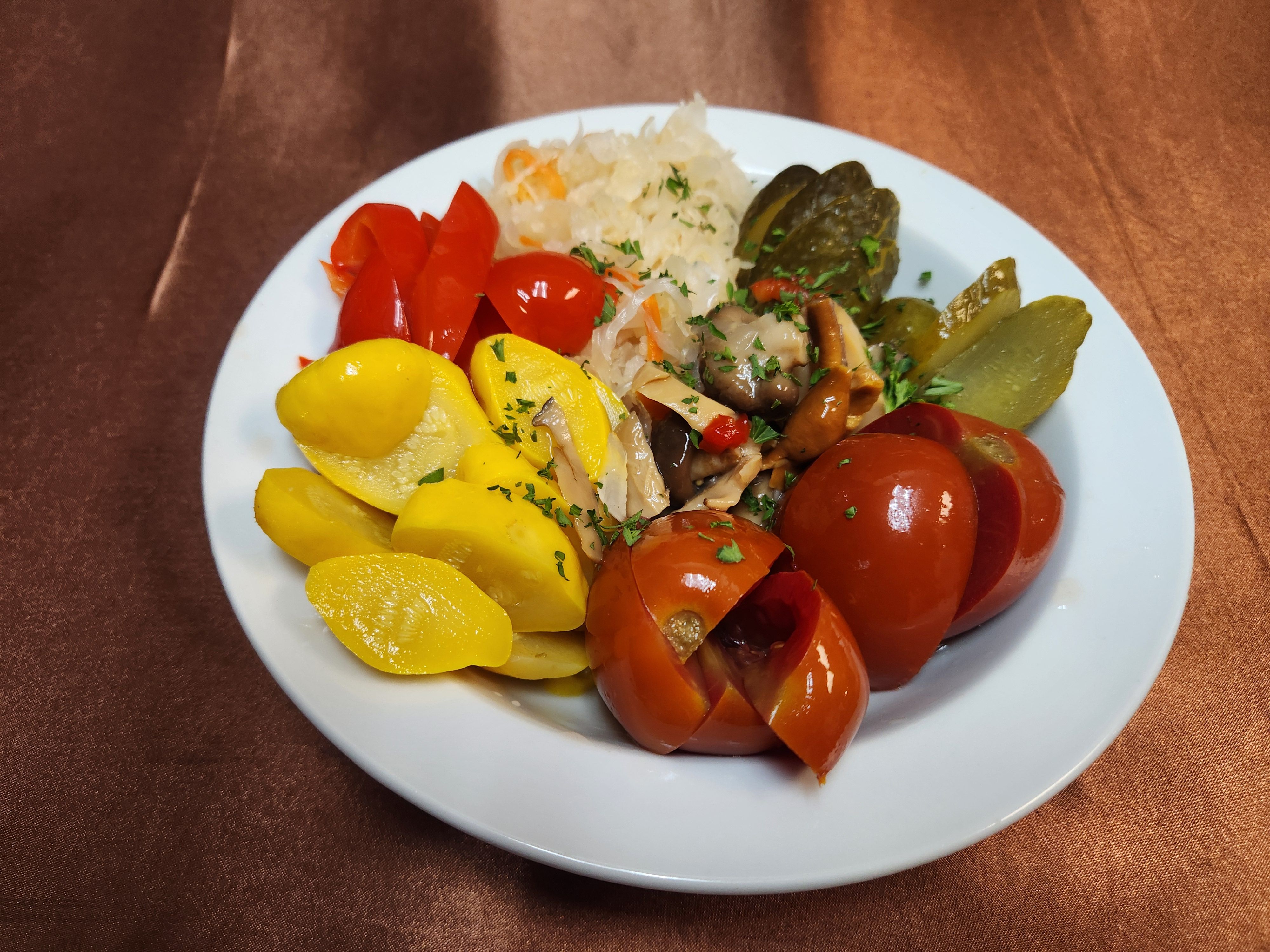 Large plate of Bulgarian Pickled Vegetables.