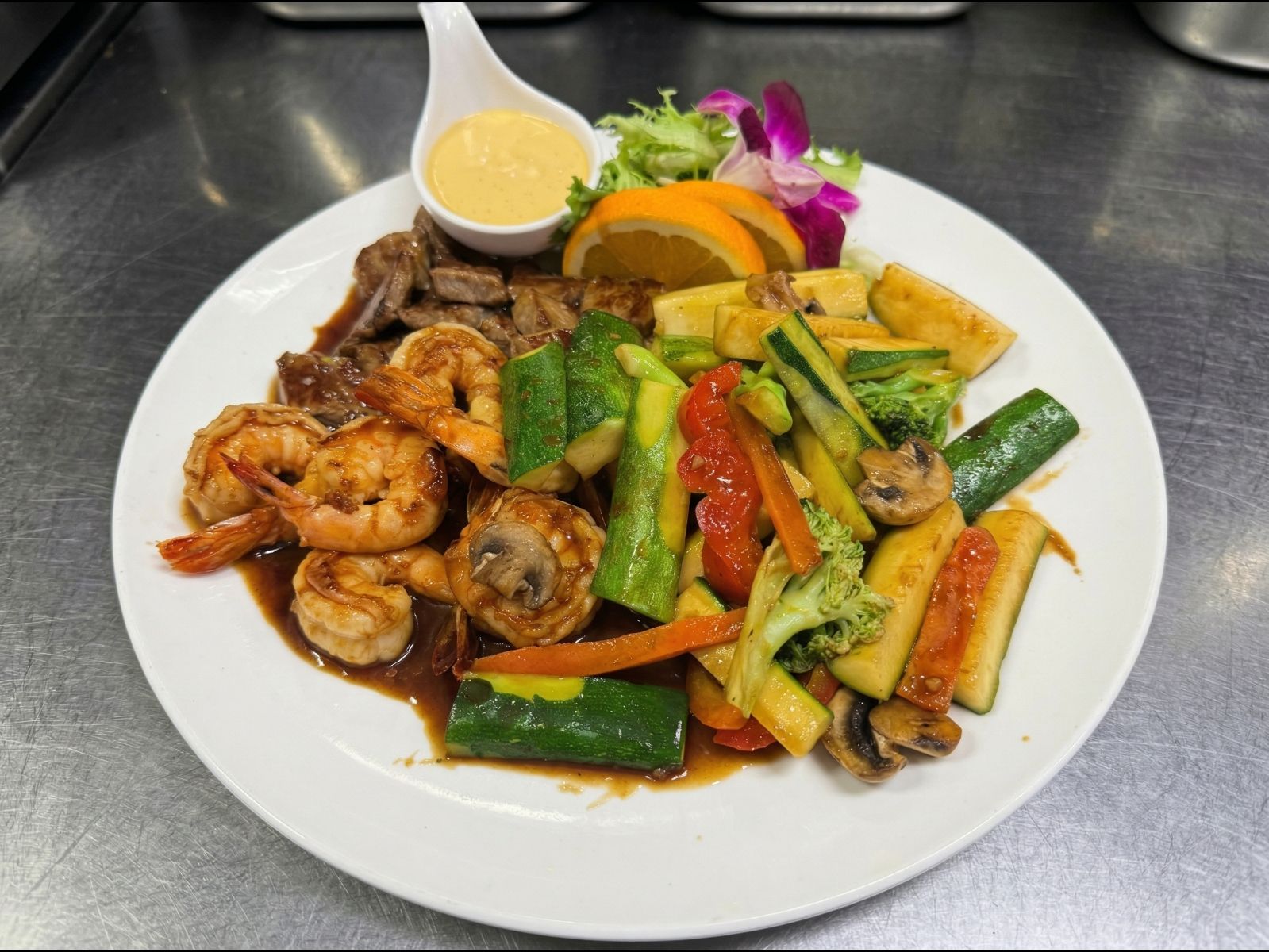 (H) Steak & Shrimp.