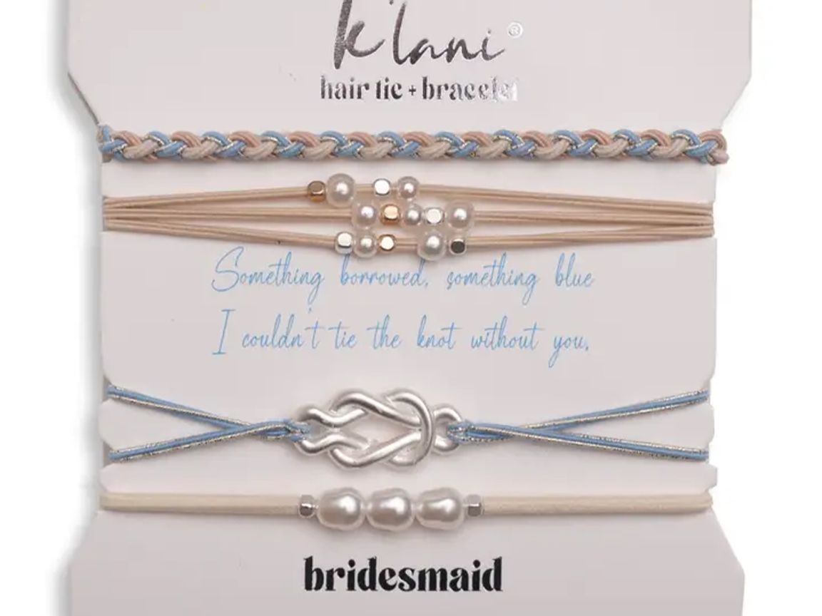 "Bridesmaid" Cream and Blue with Pearl Accent Hair Tie Bracelets.