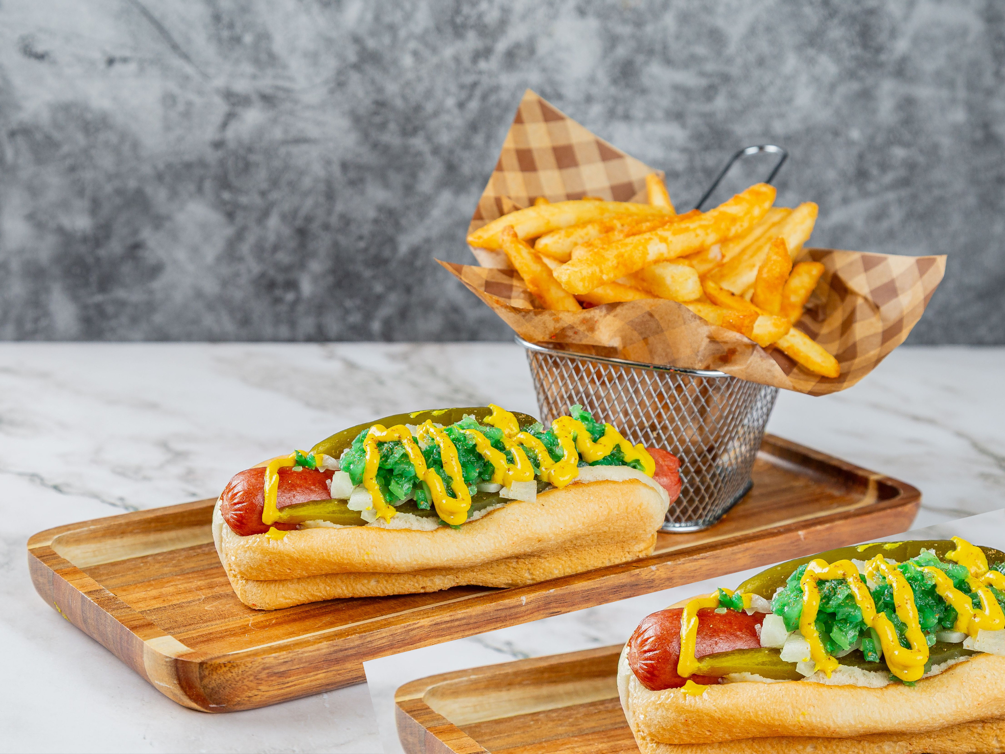 2 Chicago Style Hot Dogs With Fries.
