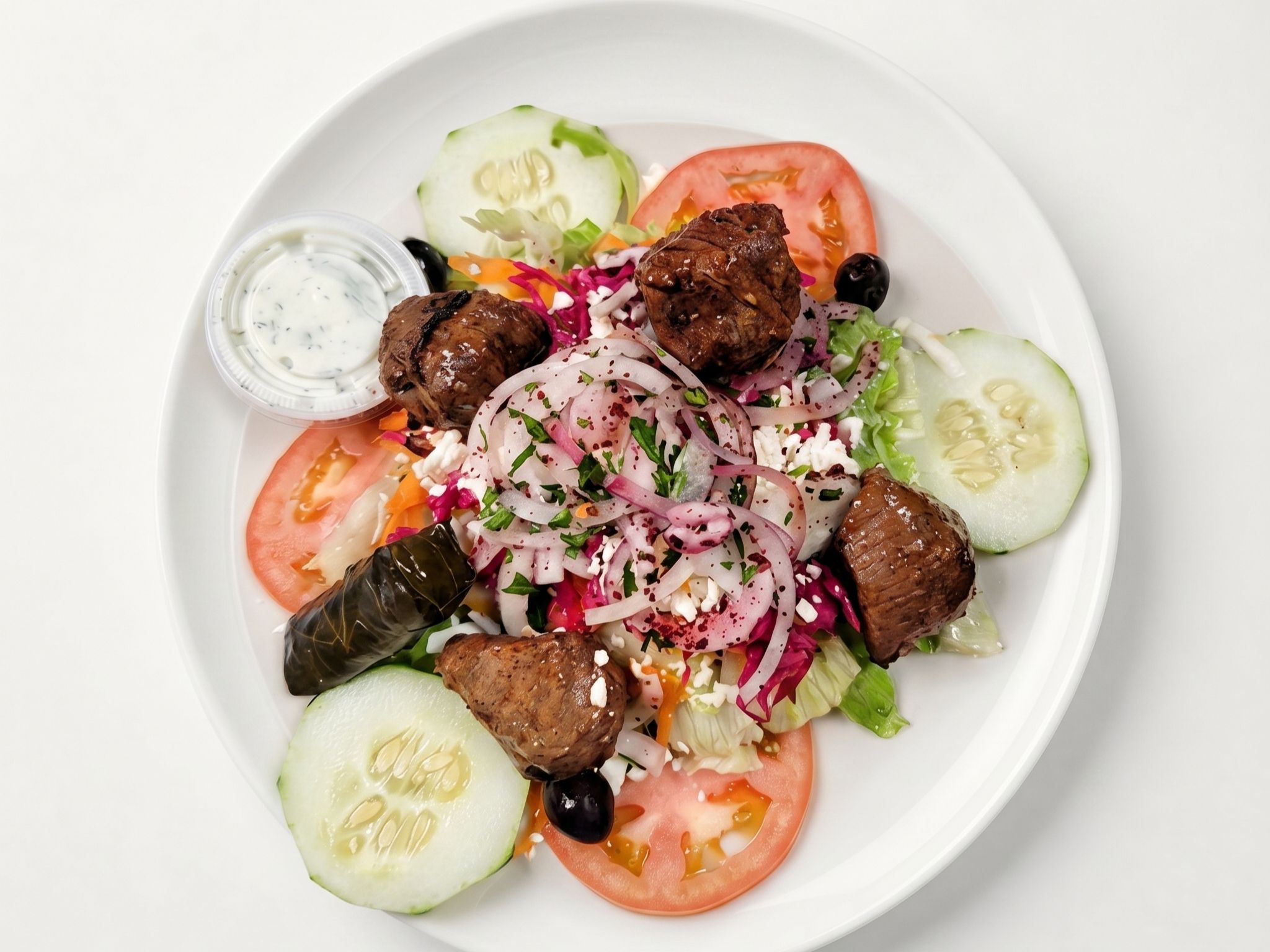 SM Greek Salad w/ Lamb Shish.