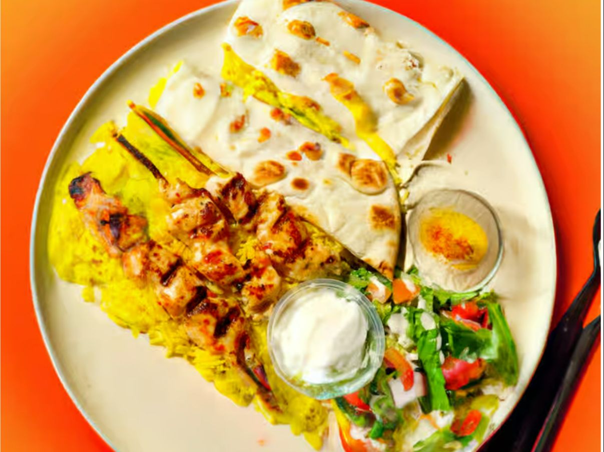 Chicken Kabob Tray/Rice/Hummus/Garlic/Salad/2 Pita.