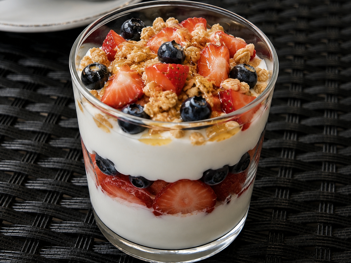 Greek Yogurt Parfait (with Granola, Honey, Strawberry and Blueberry).