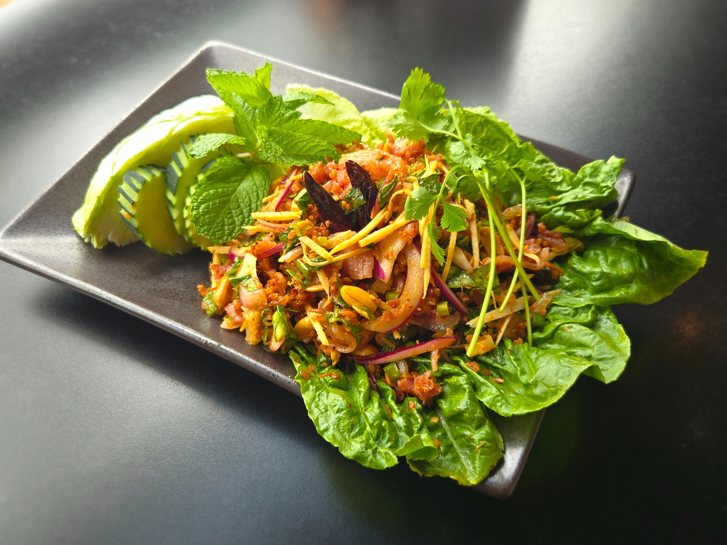 Crispy Rice with Pork Sausage Salad  (Nam Koa Tod).