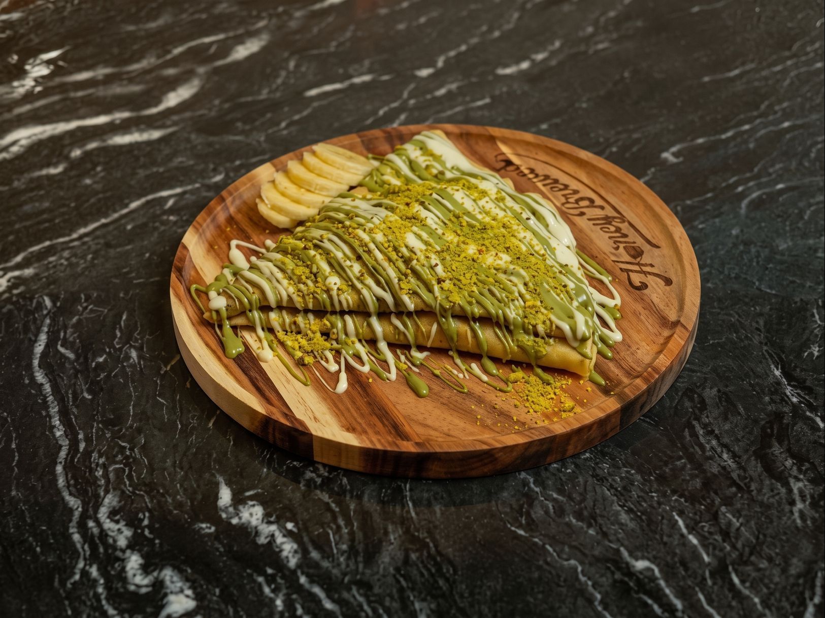 Pistachio & White Chocolate with Bananas Crepe.
