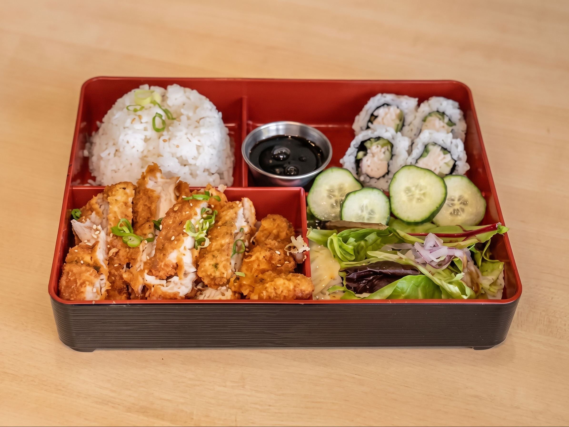 Dinner Chicken Katsu Bento Box, Spicy Tuna Roll.