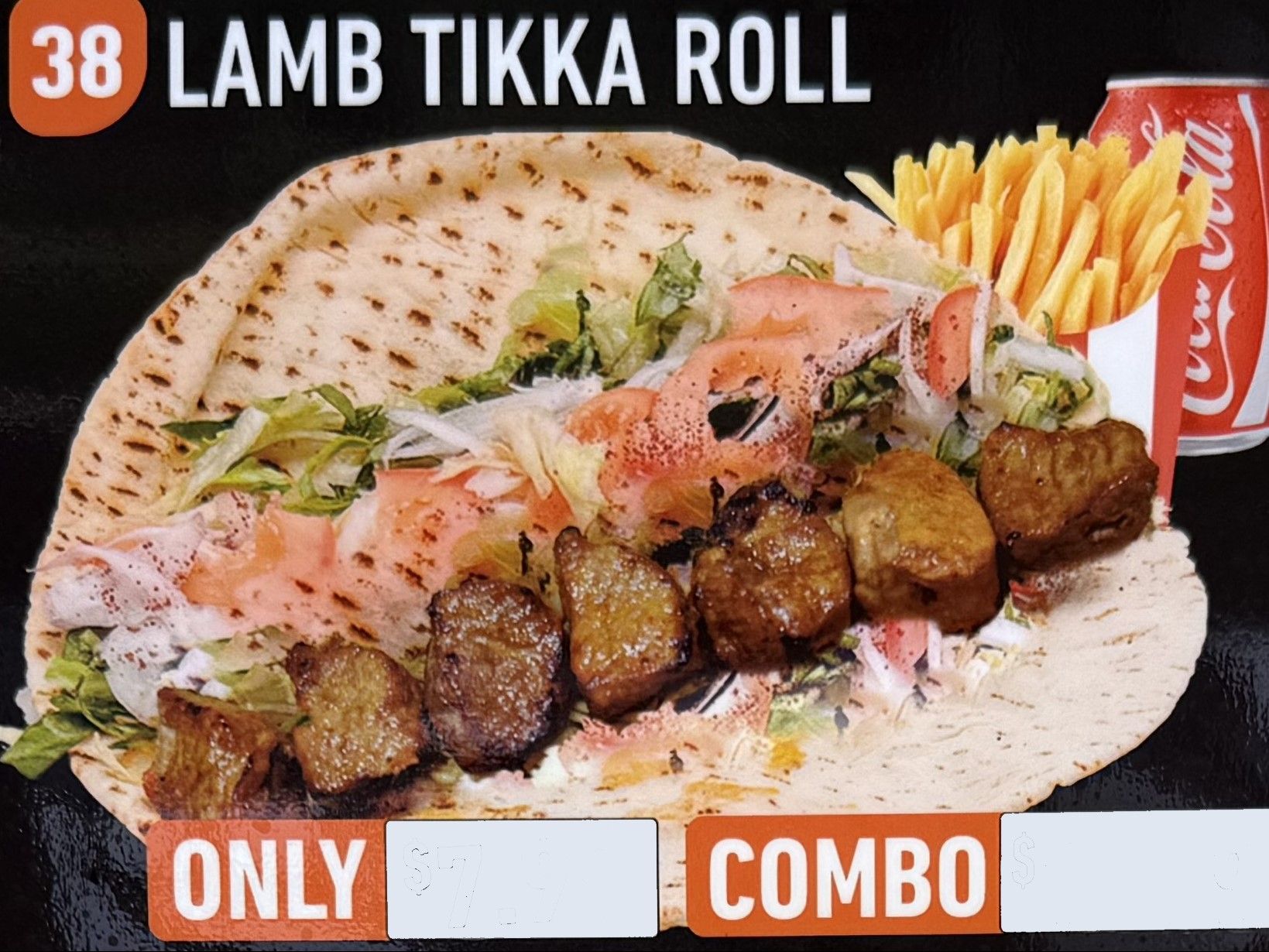 #38 Lamb Tikka Roll W/ Fries And Can Soda.