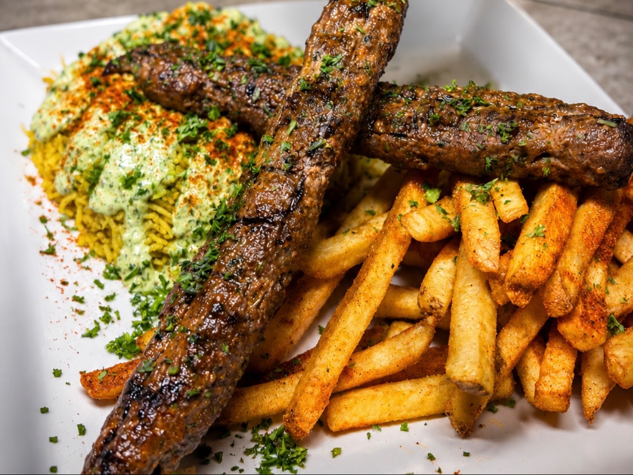Charcoal beef kabob plate.