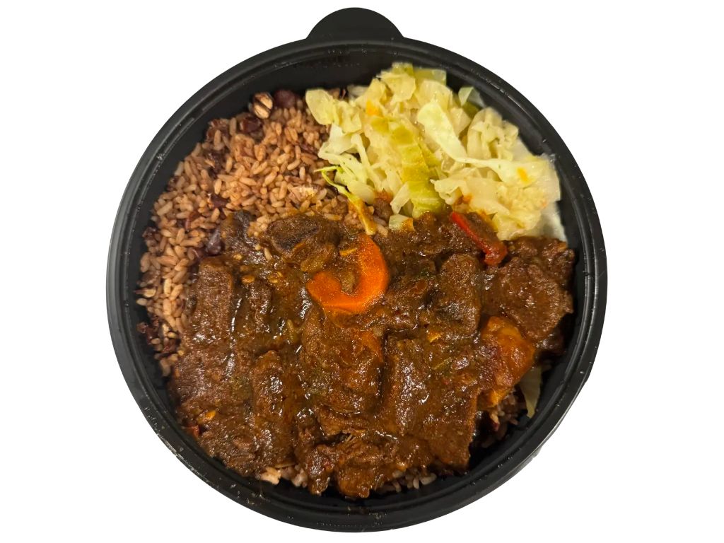 Beef Stew Dinner rice & beans, cabbage