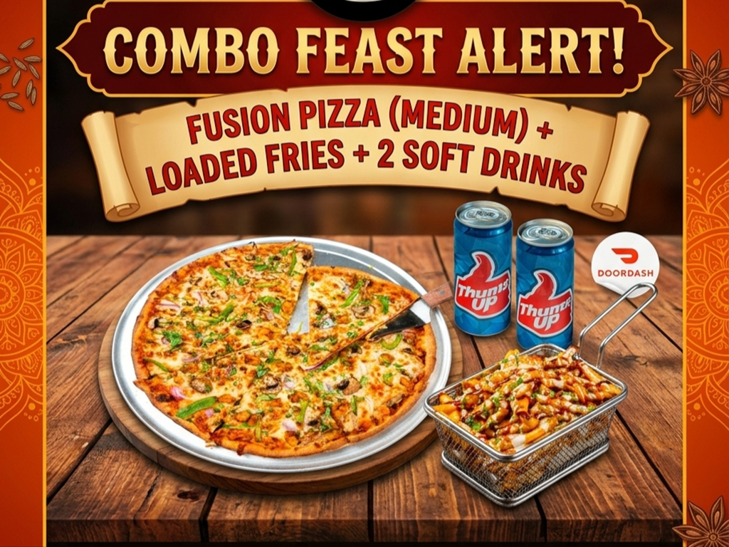 Any Fusion Pizza (Medium) + Loaded Fries + 2 Soft Drinks.