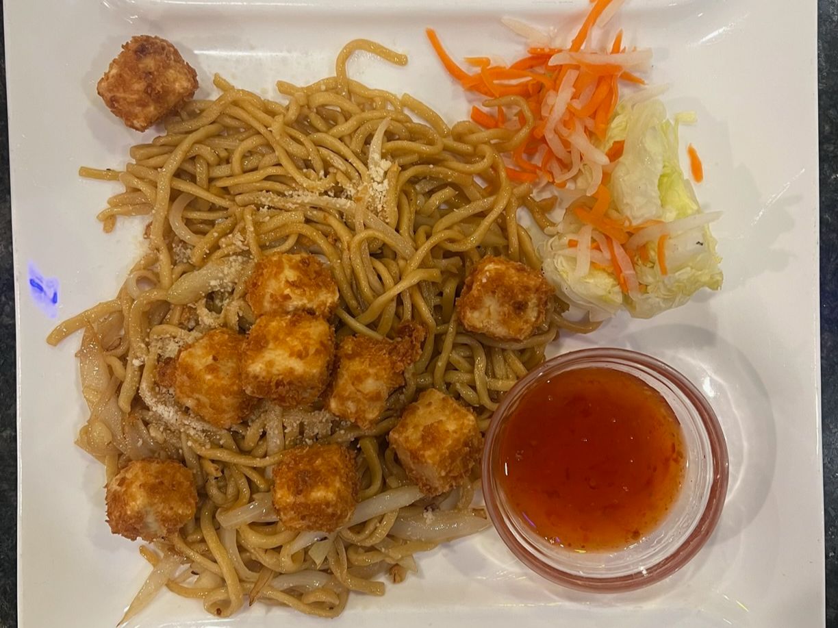 M98. Crispy Tofu over Garlic Noodles.