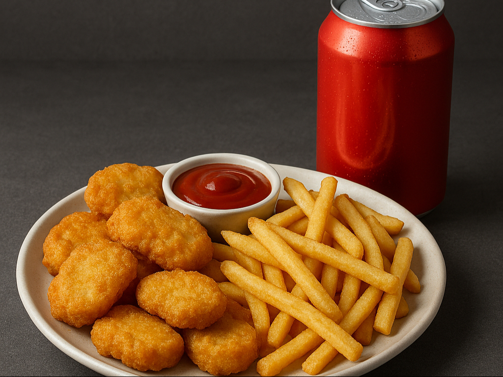 Chicken Nuggets 10 pcs Combo W/fries 1 can Soda.