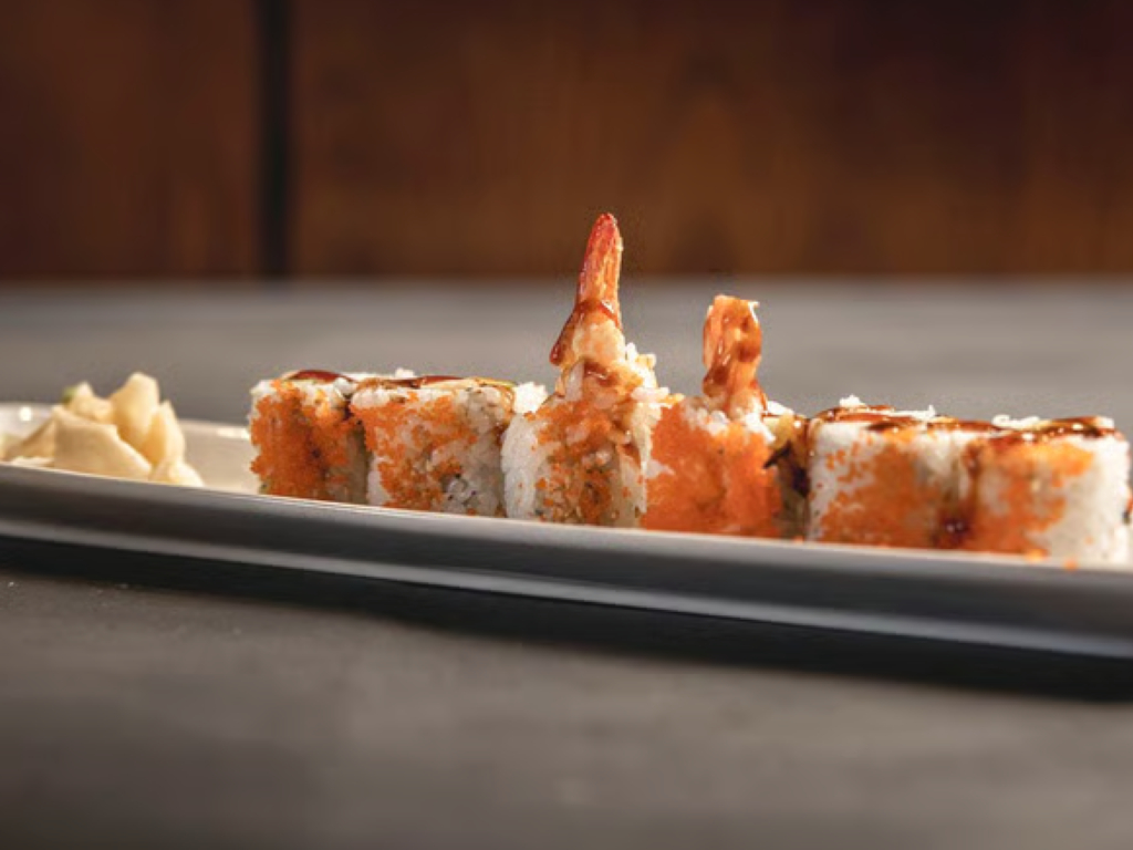 Shrimp Tempura Roll, Tempura shrimp, cucumber, fish egg on top.