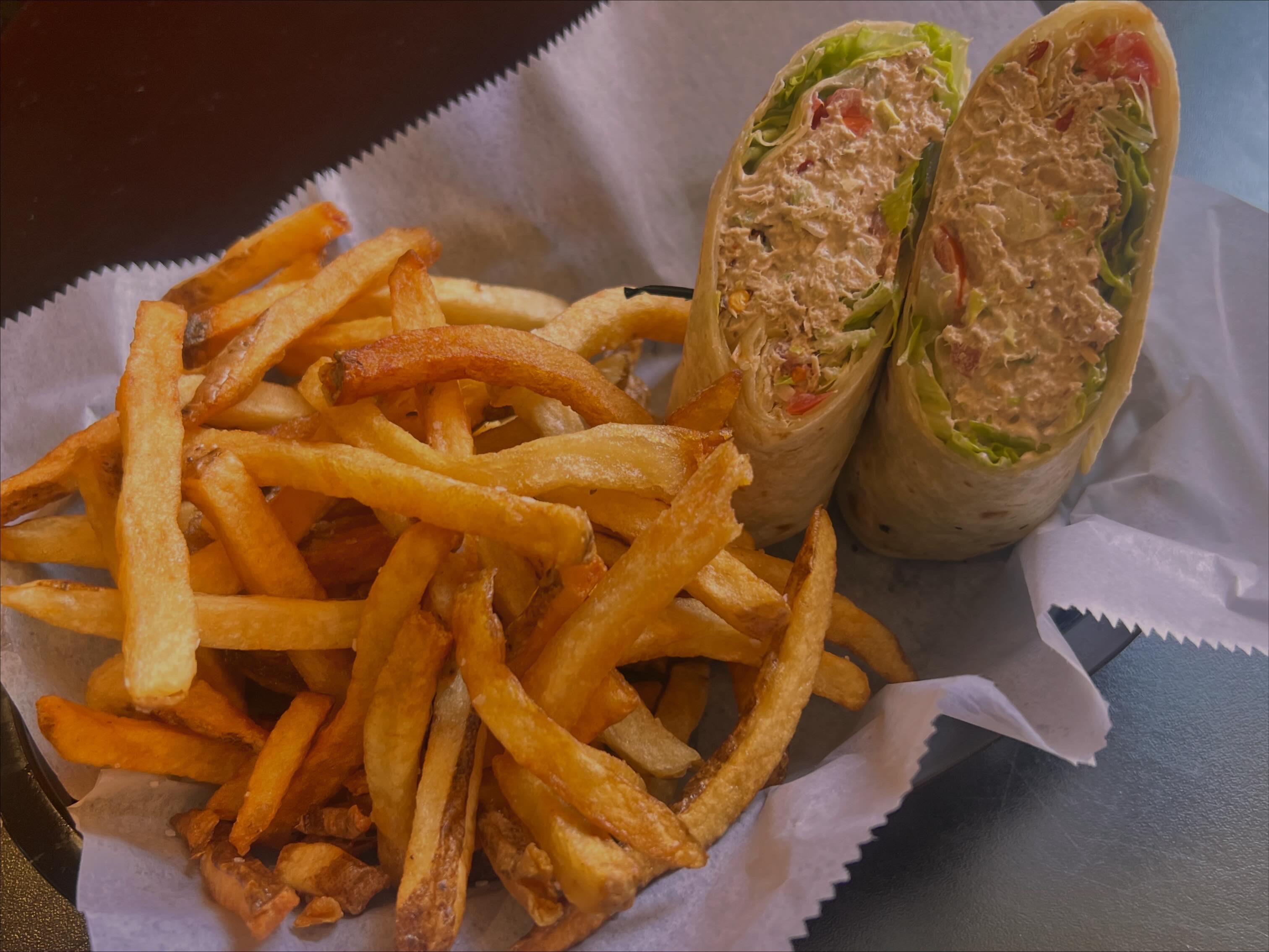 Tuna Wrap And Fries.