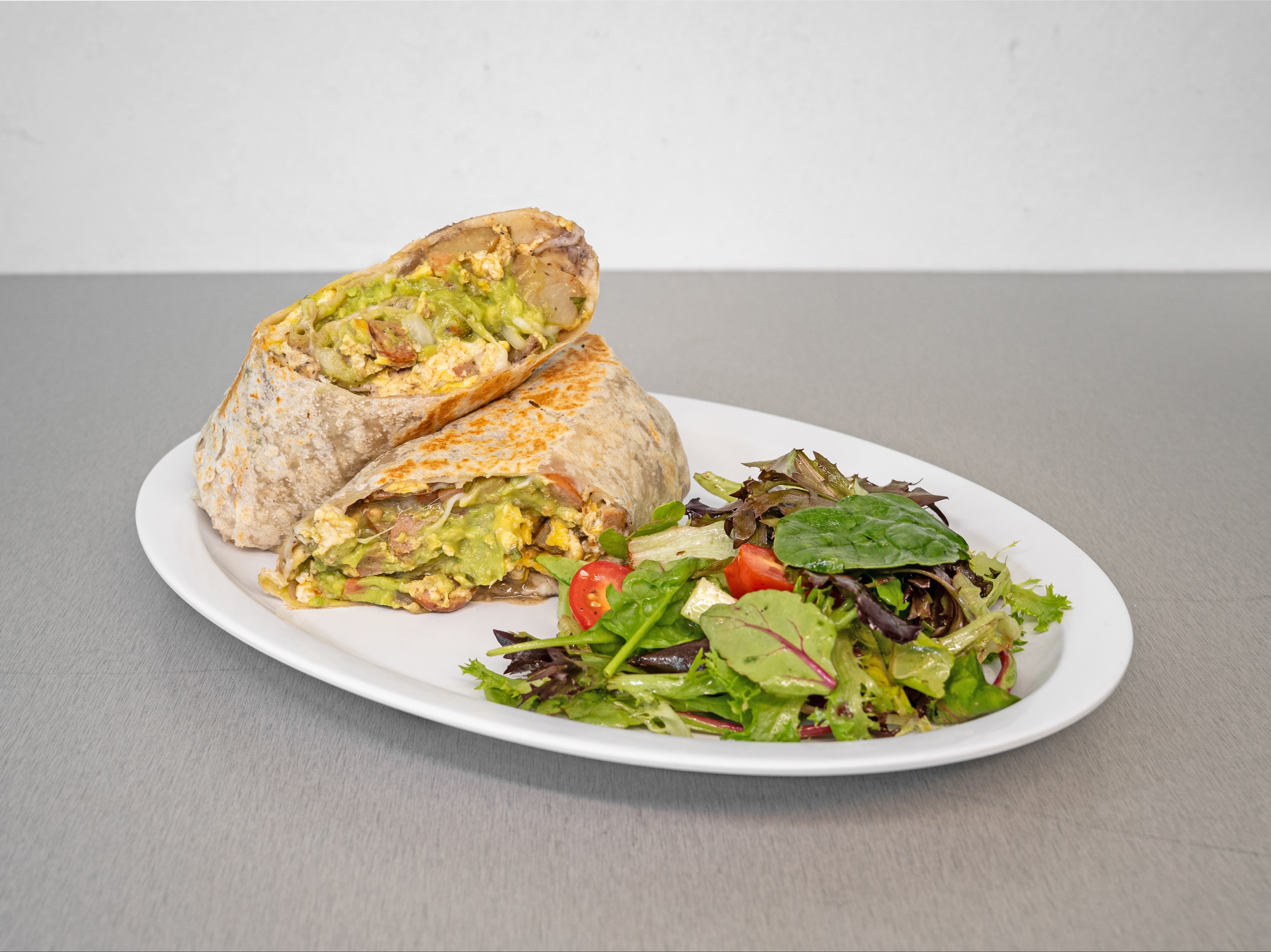 Breakfast chicken sausage burrito.