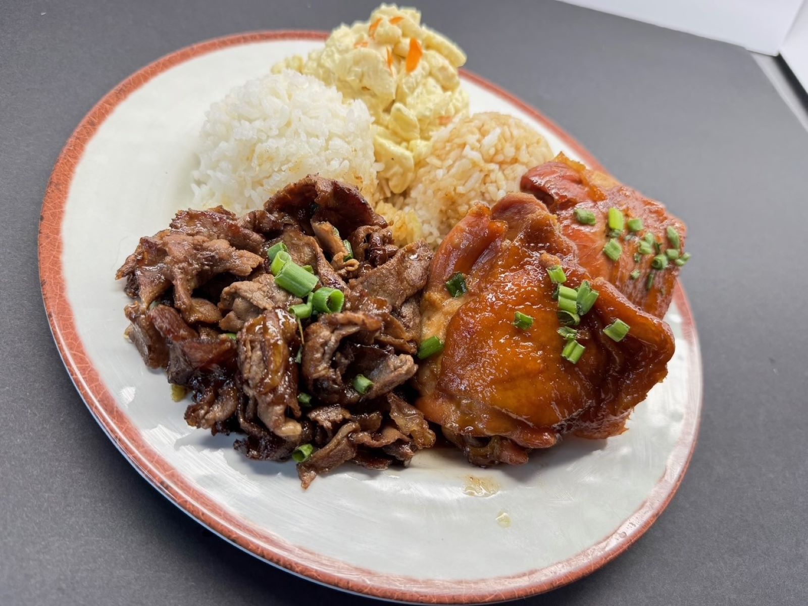 Beef Teriyaki and Shoyu Chicken mixed plate.