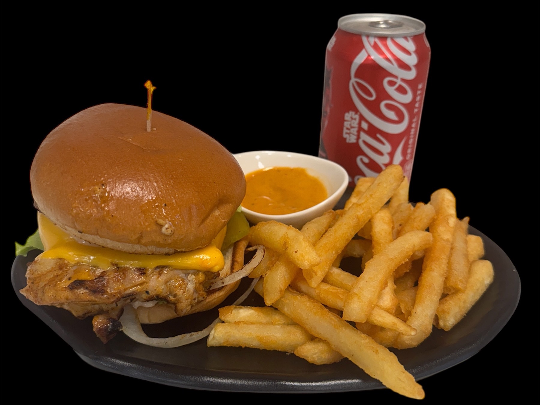 Grill Chicken Burger With Fries & 12oz Soda Can(Grilled Chicken, Lettuce, Sauted Onion&Tomato, Cheese, Sharjah Sauce)