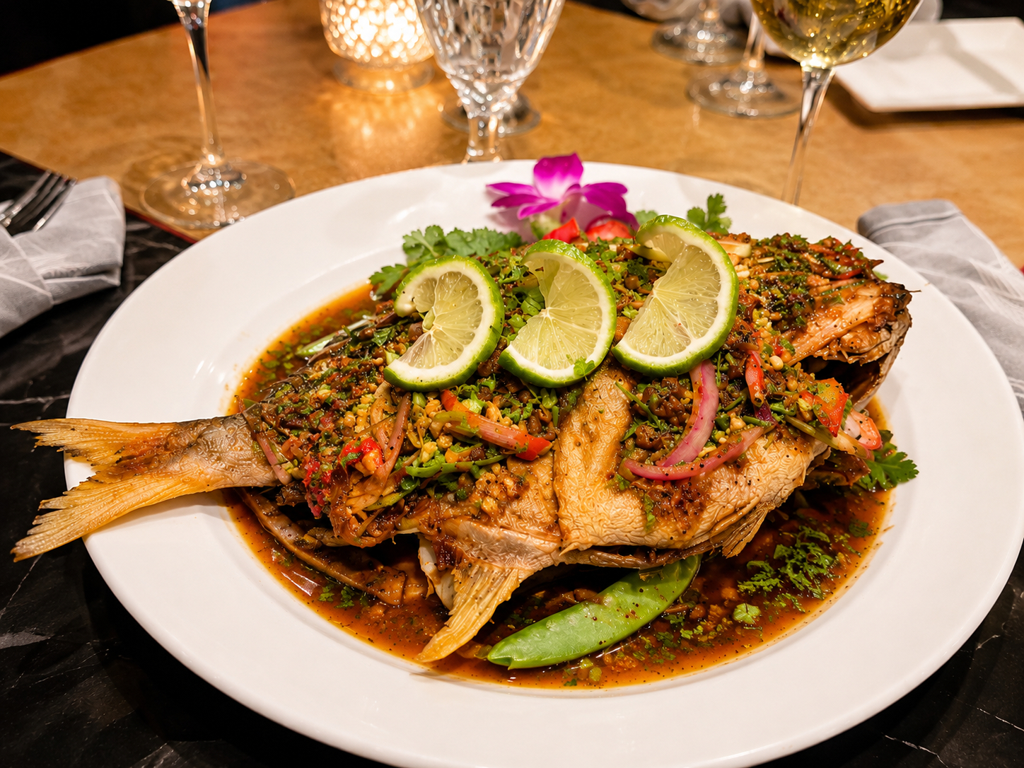 Crispy Pompano - Lime & Herbs Essence.