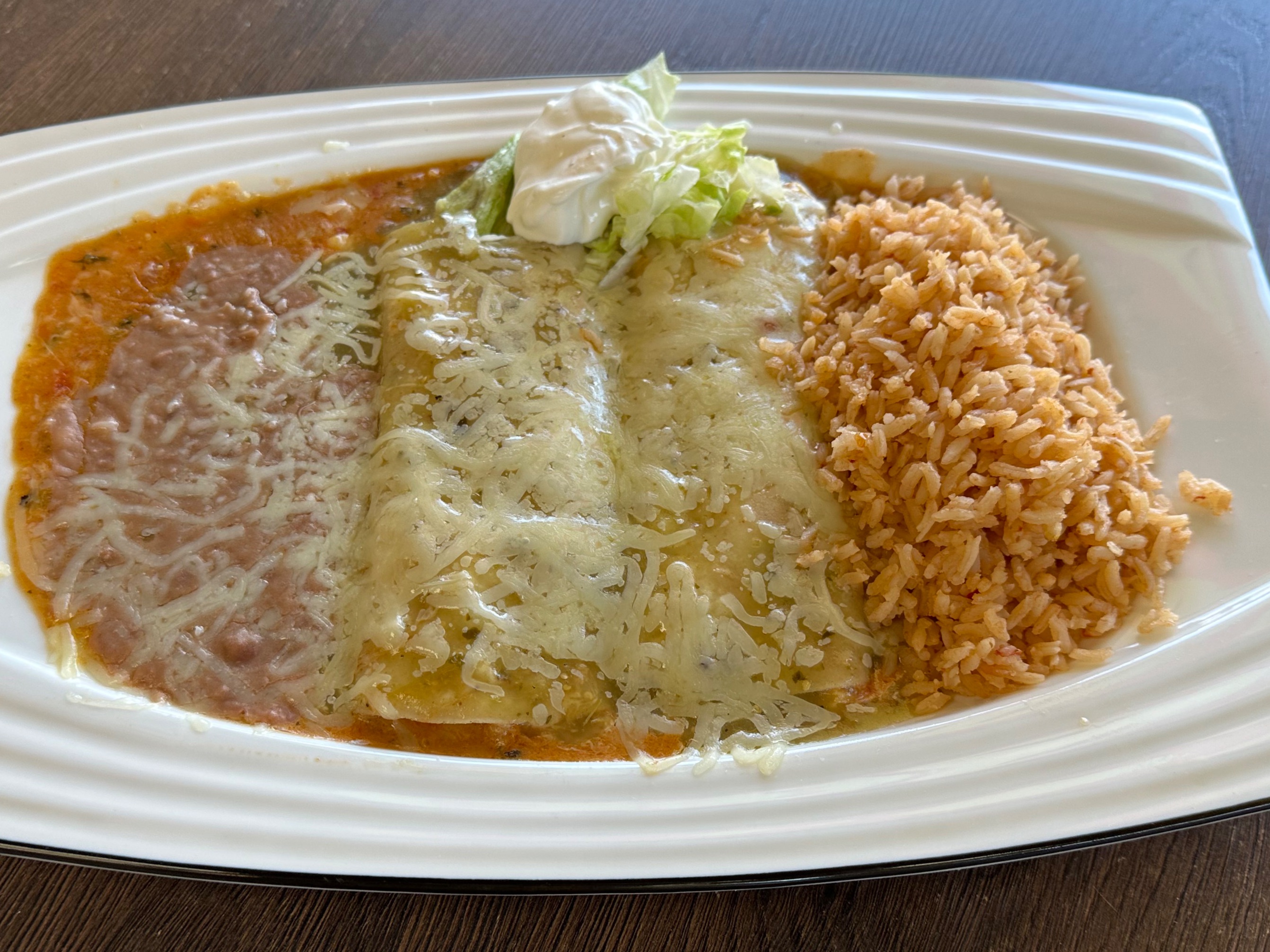 Two Shrimp Enchilada Dinner Plate.