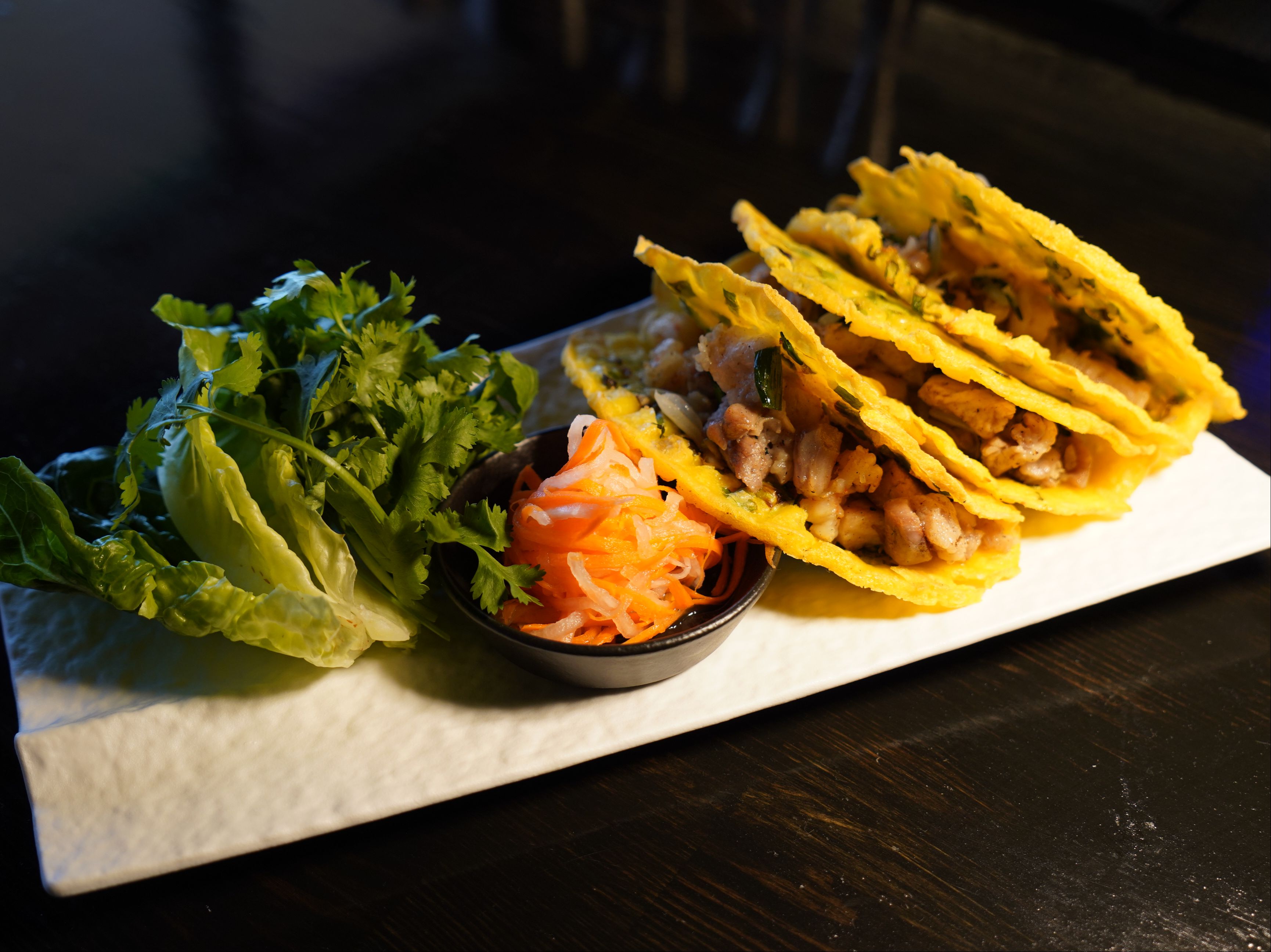 BANH XEO LETTUCE WRAP TACOS.