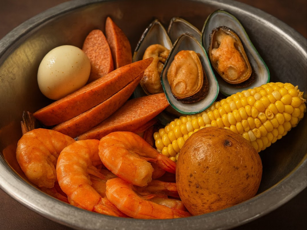 Special #5 (1/2lb Shrimp HeadOff, 1/2lb Mussels, Pot/Corn/Sausage/Egg)