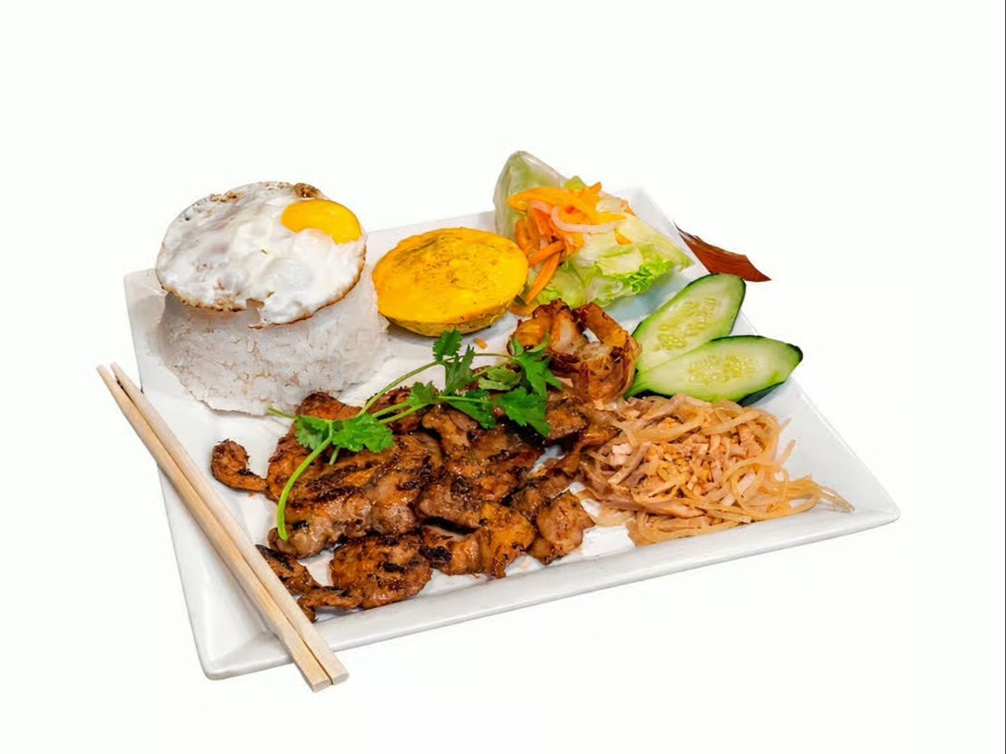 C73. Rice w/ Grilled Chicken, Shrimp, Shredded Pork, Egg Cake, Egg