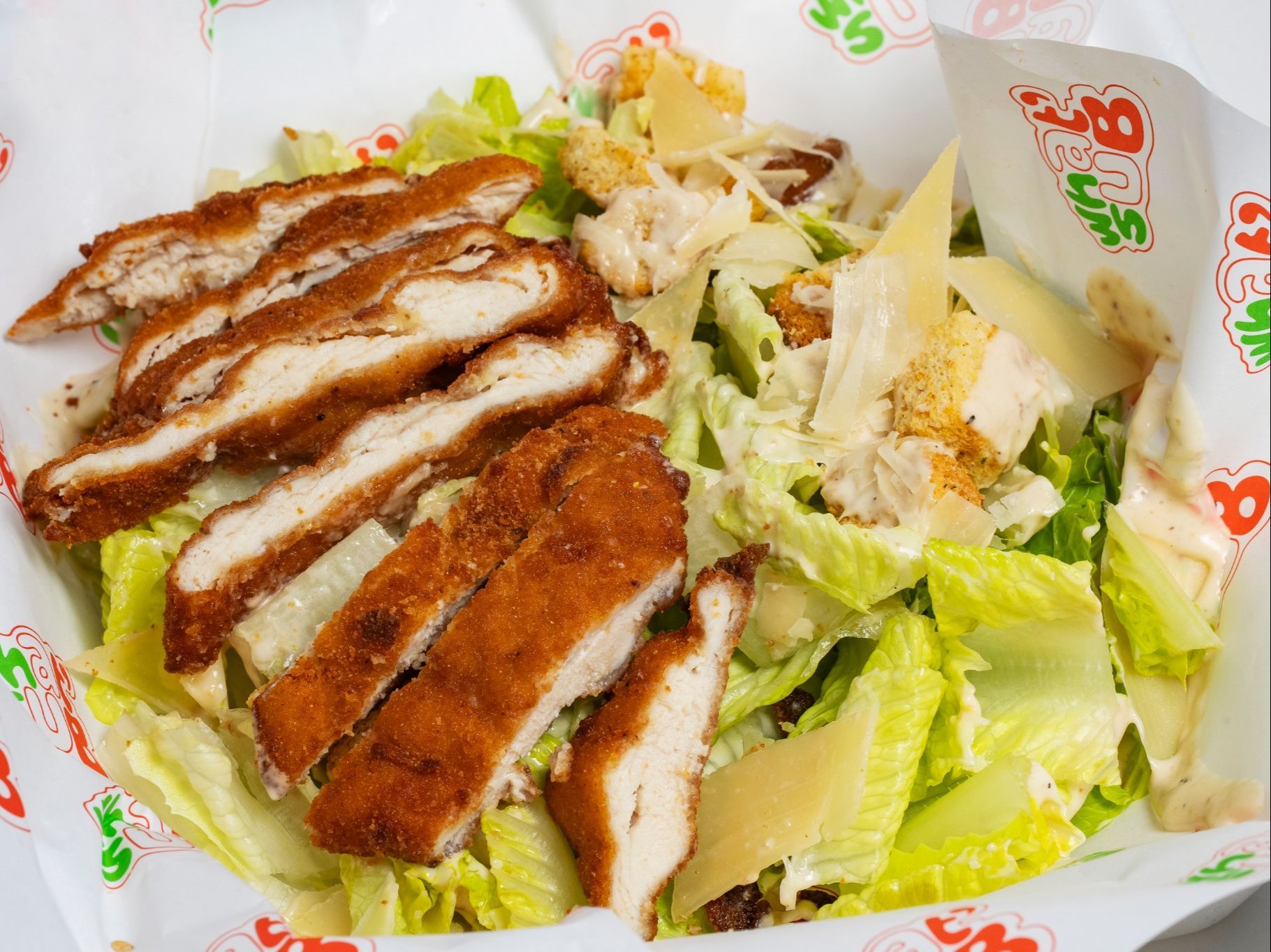 Caesar Salad w/Chicken Cutlet.