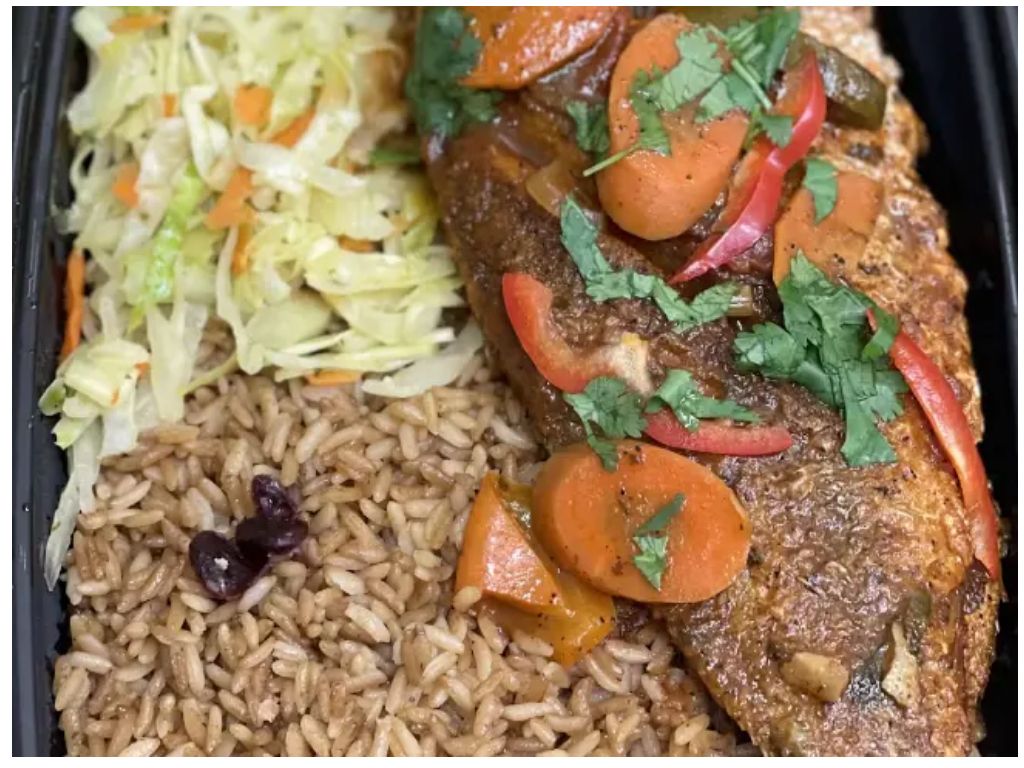 Jerk Red Snapper 1 Pound Rice & Beans & Cabbage.