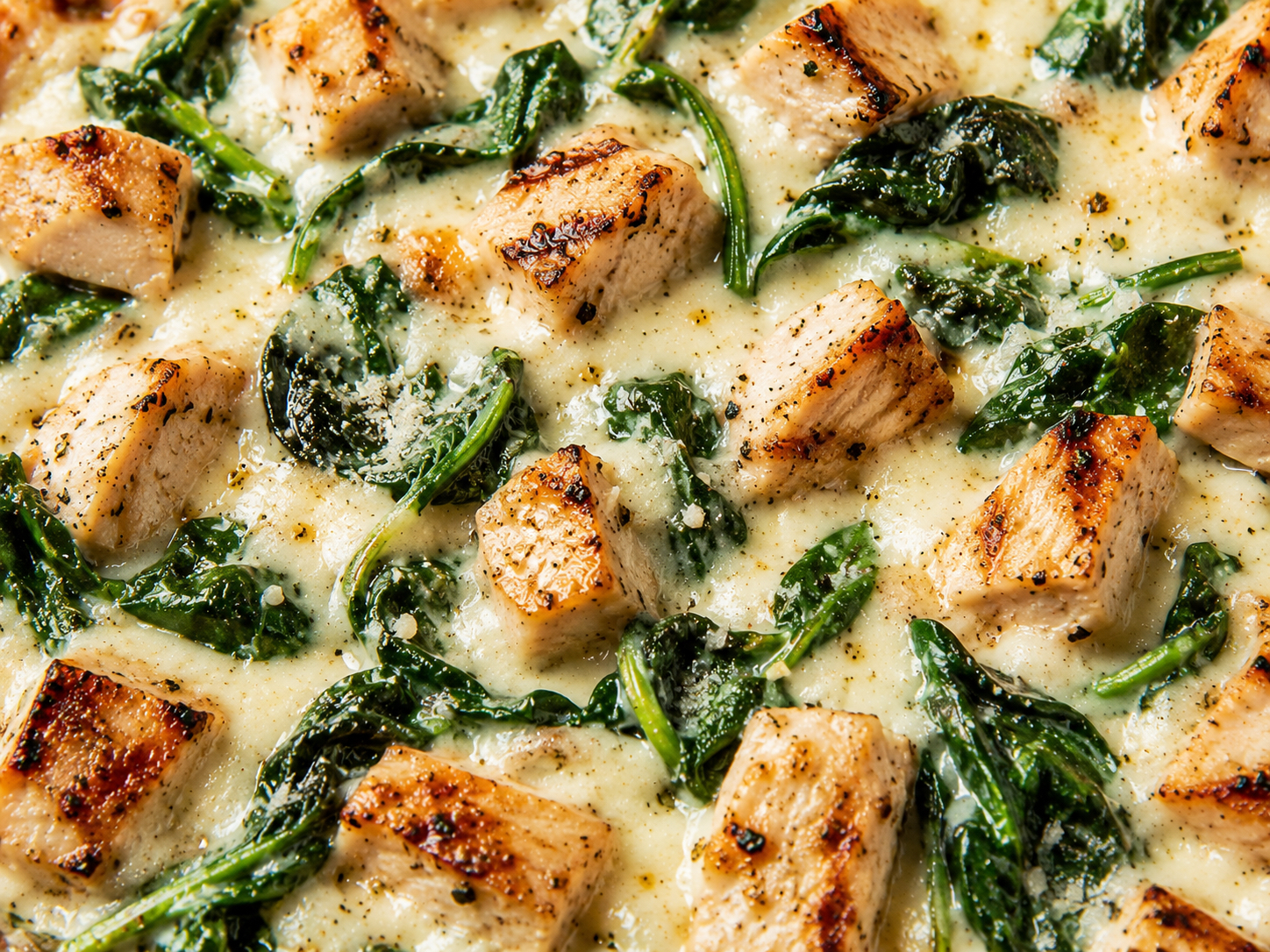 Chicken Spinach Alfredo Pizza.