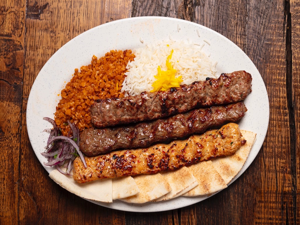 Combo Koobideh (Beef Koobideh, Lamb Koobideh, Chicken Koobideh Plate).
