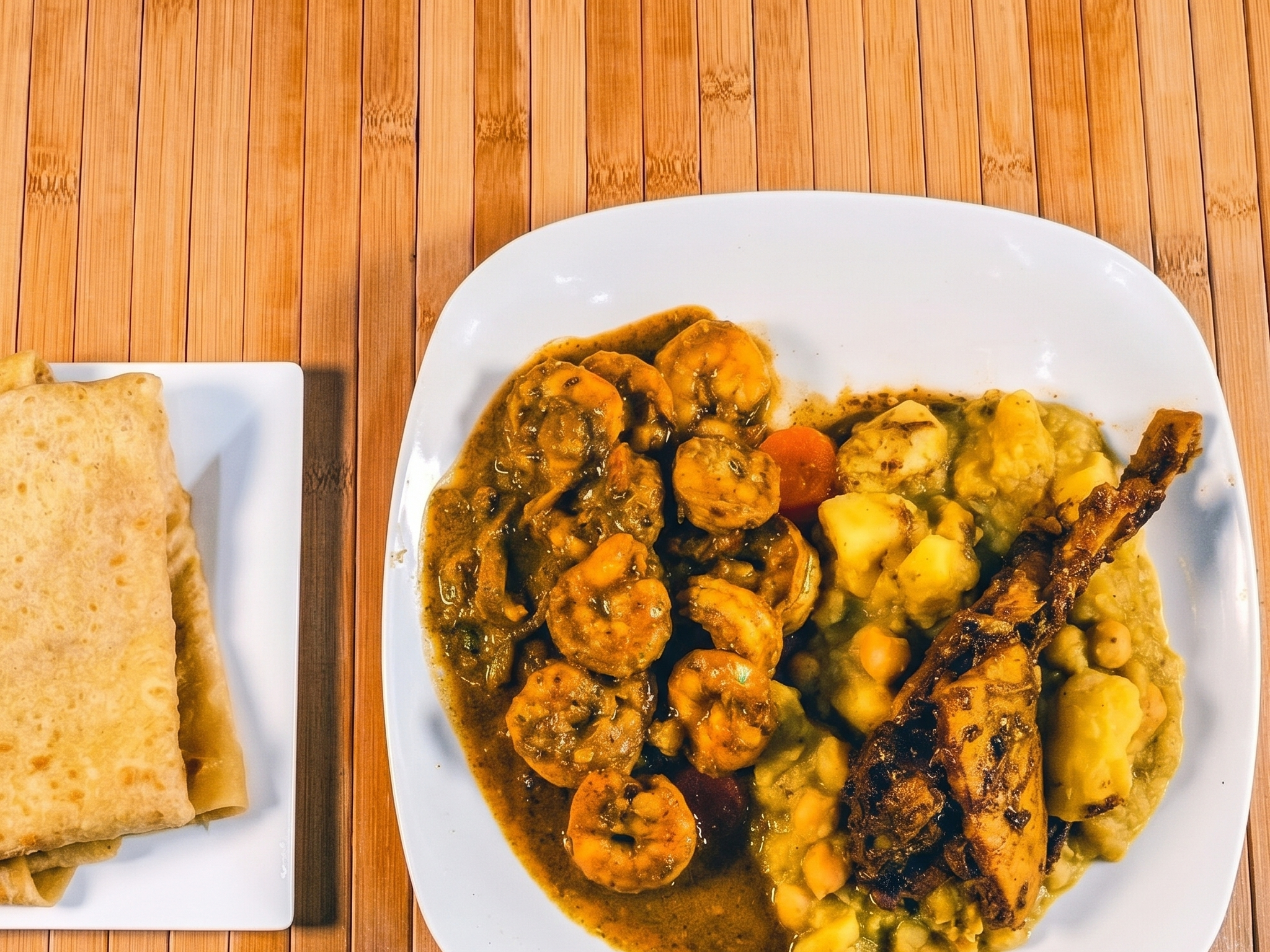 Curry Shrimp Roti Platter.